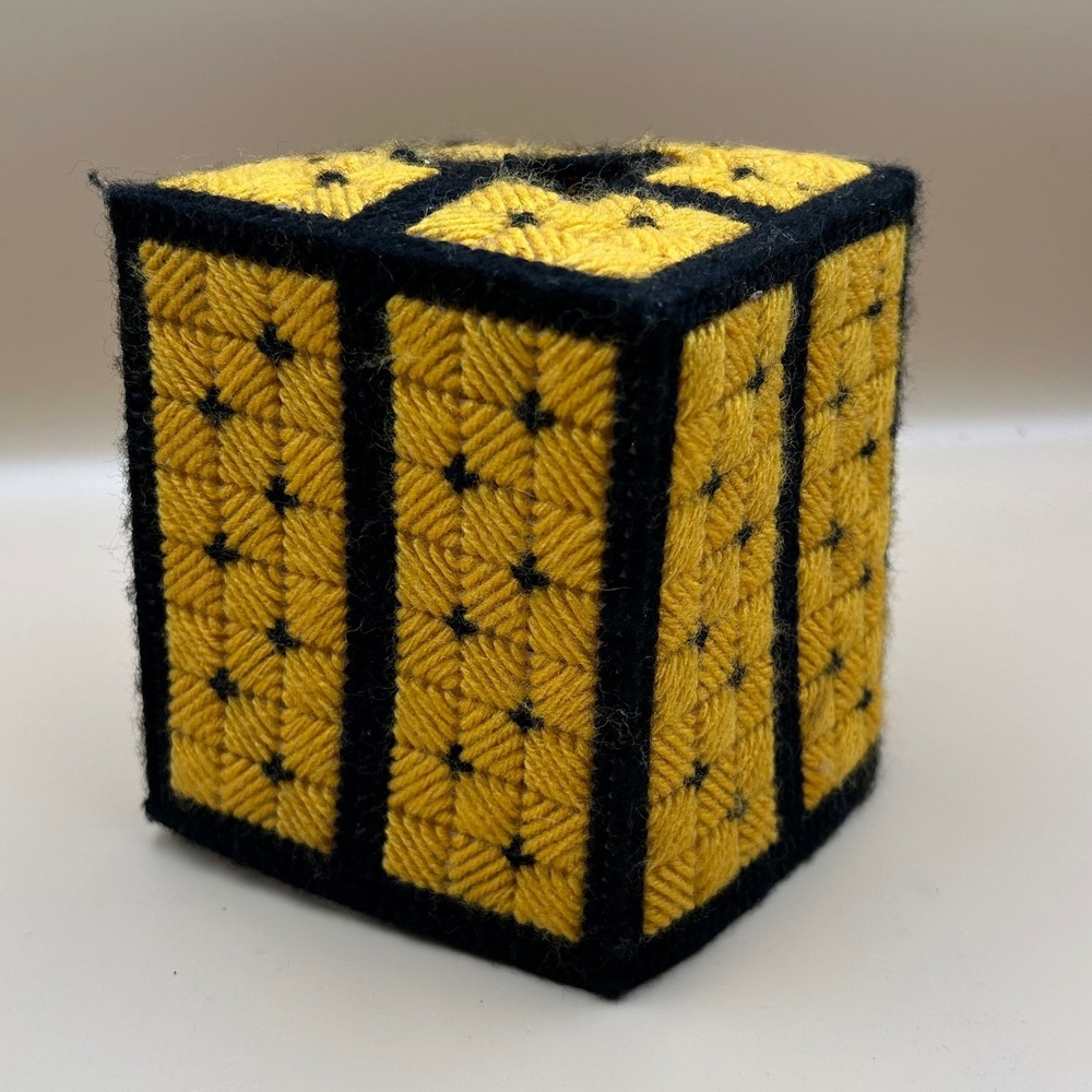 Handmade Plastic Canvas Tissue Box Cover Yellow Black Geometric Boutique Square